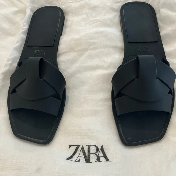 Zara Matte Black Rubber Woven Strap Slide Sandals 38/8.5 NEW - Picture 6 of 6